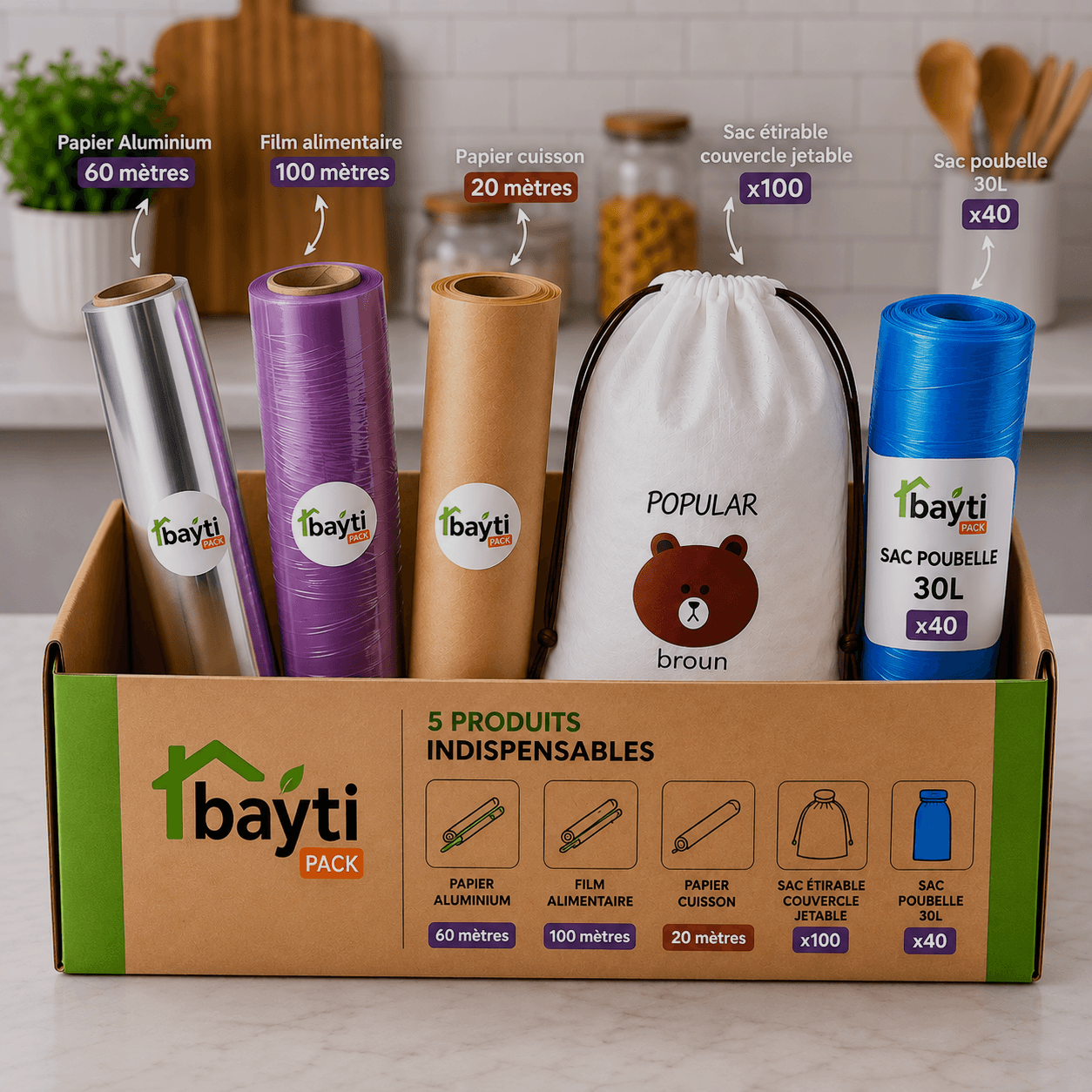 Pack Cuisine Essentielle Bayti Pack complet avec papier aluminium, film alimentaire, papier cuisson, sacs étirables jetables et sacs poubelle bleus 30L